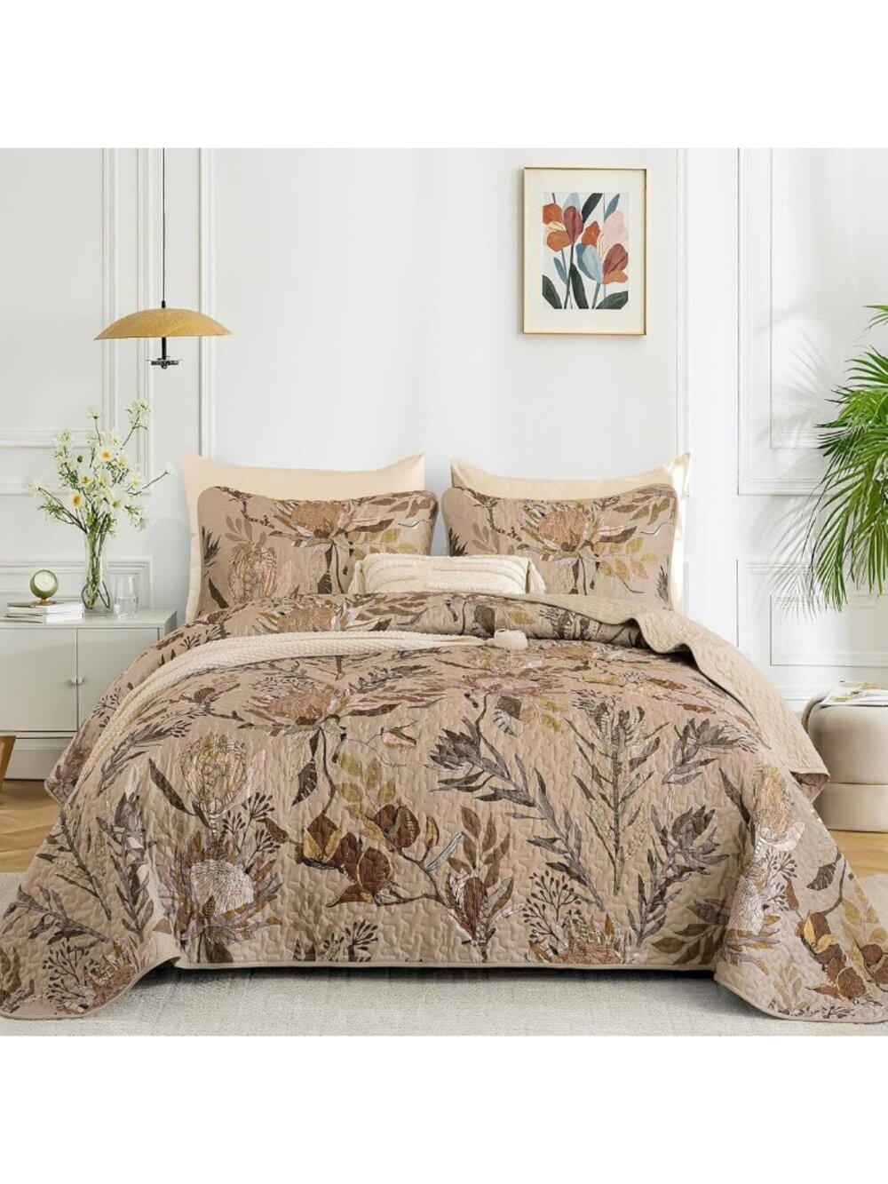 Cozy Floral Fall Quilt Set - Queen Size 3-Piece Brown Bedspread Bedding